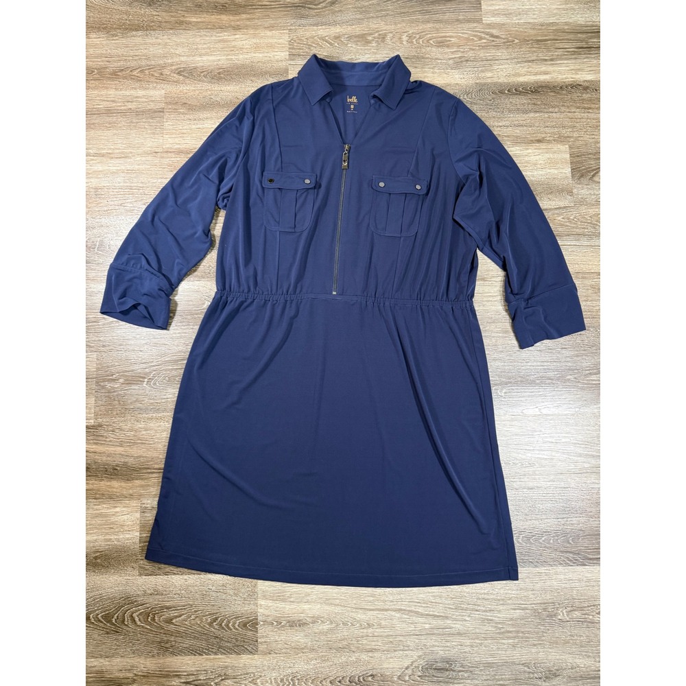 Belle Kim Gravel Women 2X Navy Blue Zip Front Utility Dress Roll Tab Sleeve